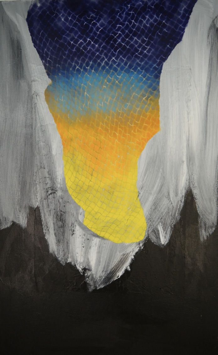 Vertical abstract painting: a net-textured form shading from deep blue to orange and yellow, framed by white gestural brushwork over black